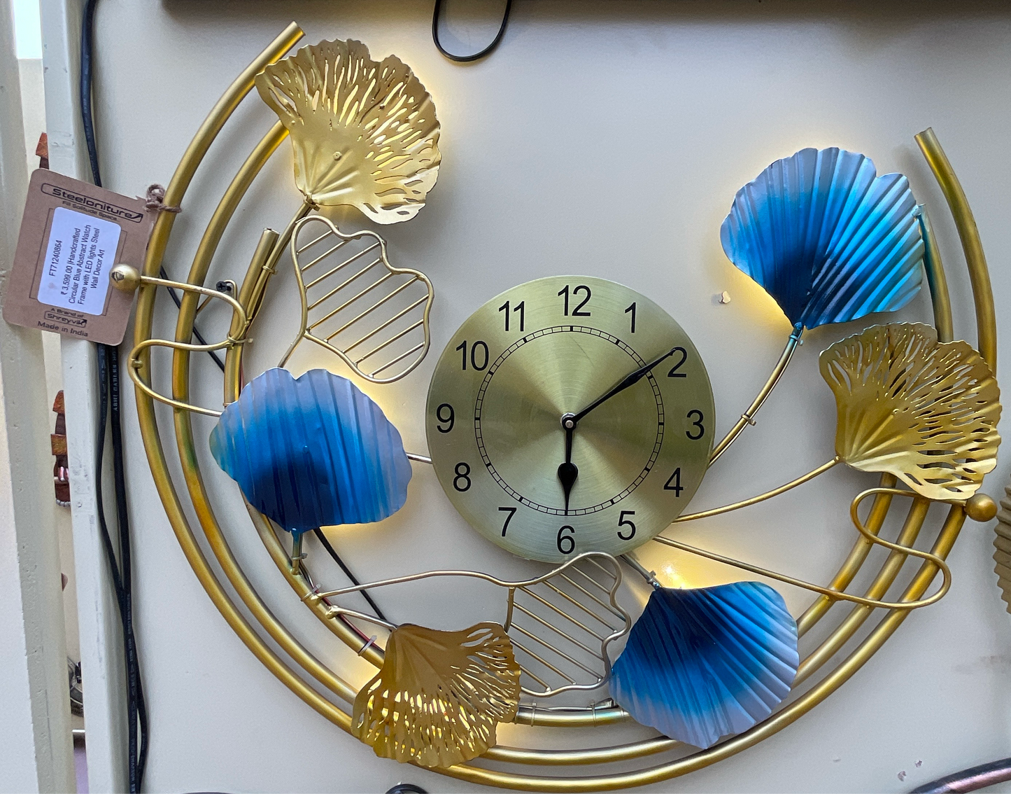 Handcrafted Circular Blue Abstract Watch Frame Steel Wall Art Sculpture with LED Lights