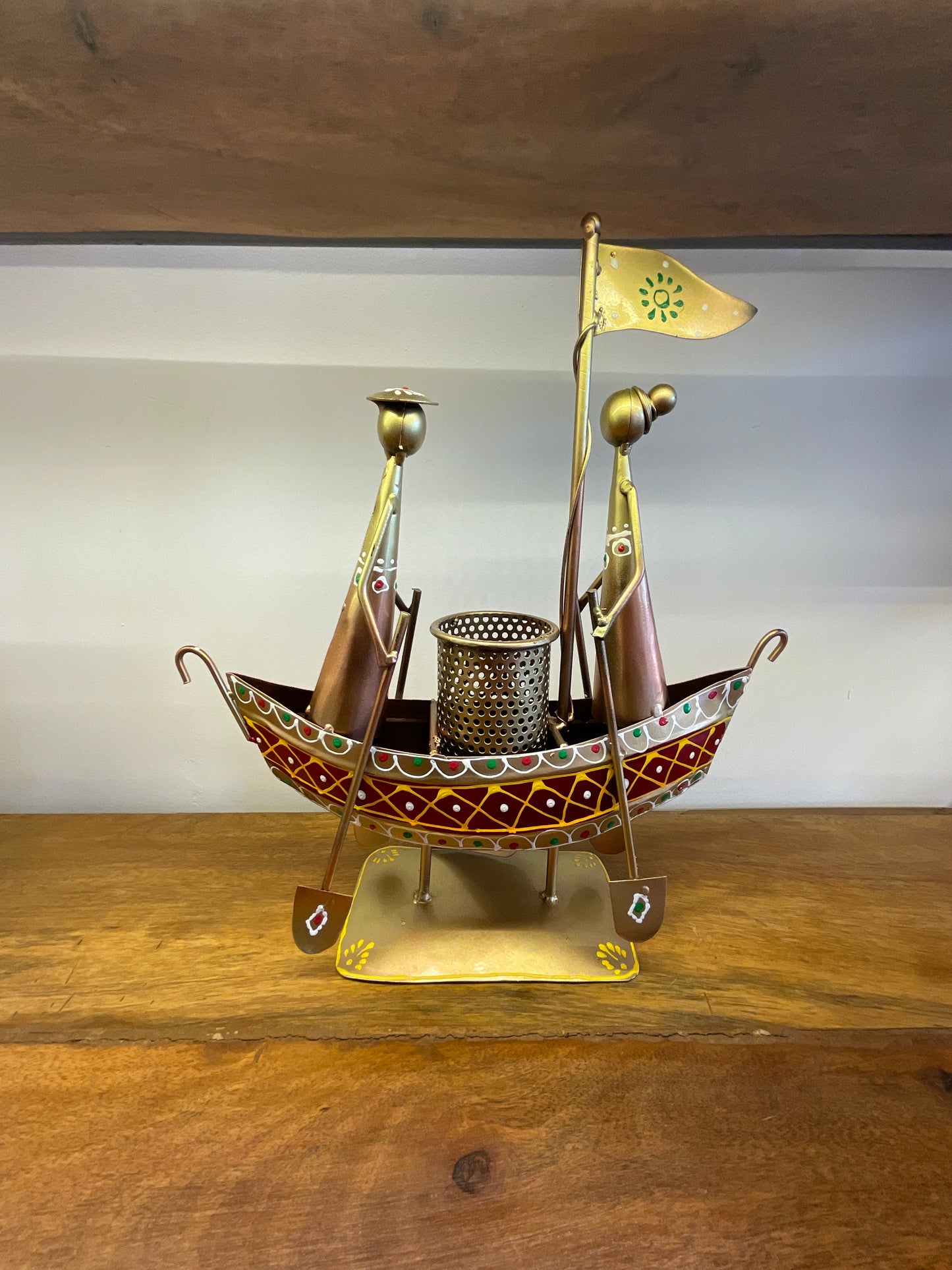 Handcrafted Ship Pen Stand with Couple in Gold Color Steel Table Decor Sculpture