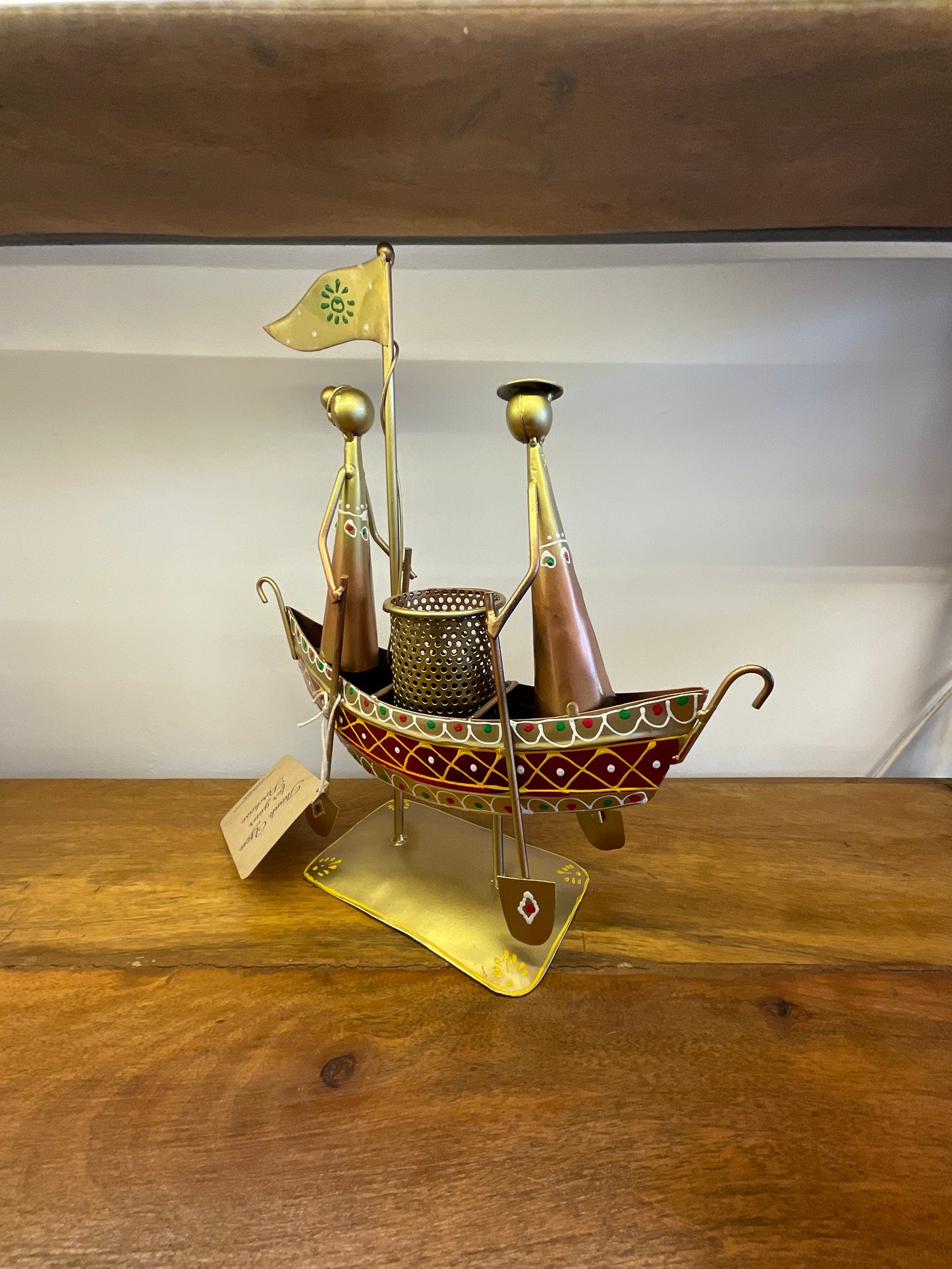 Handcrafted Ship Pen Stand with Couple in Gold Color Steel Table Decor Sculpture