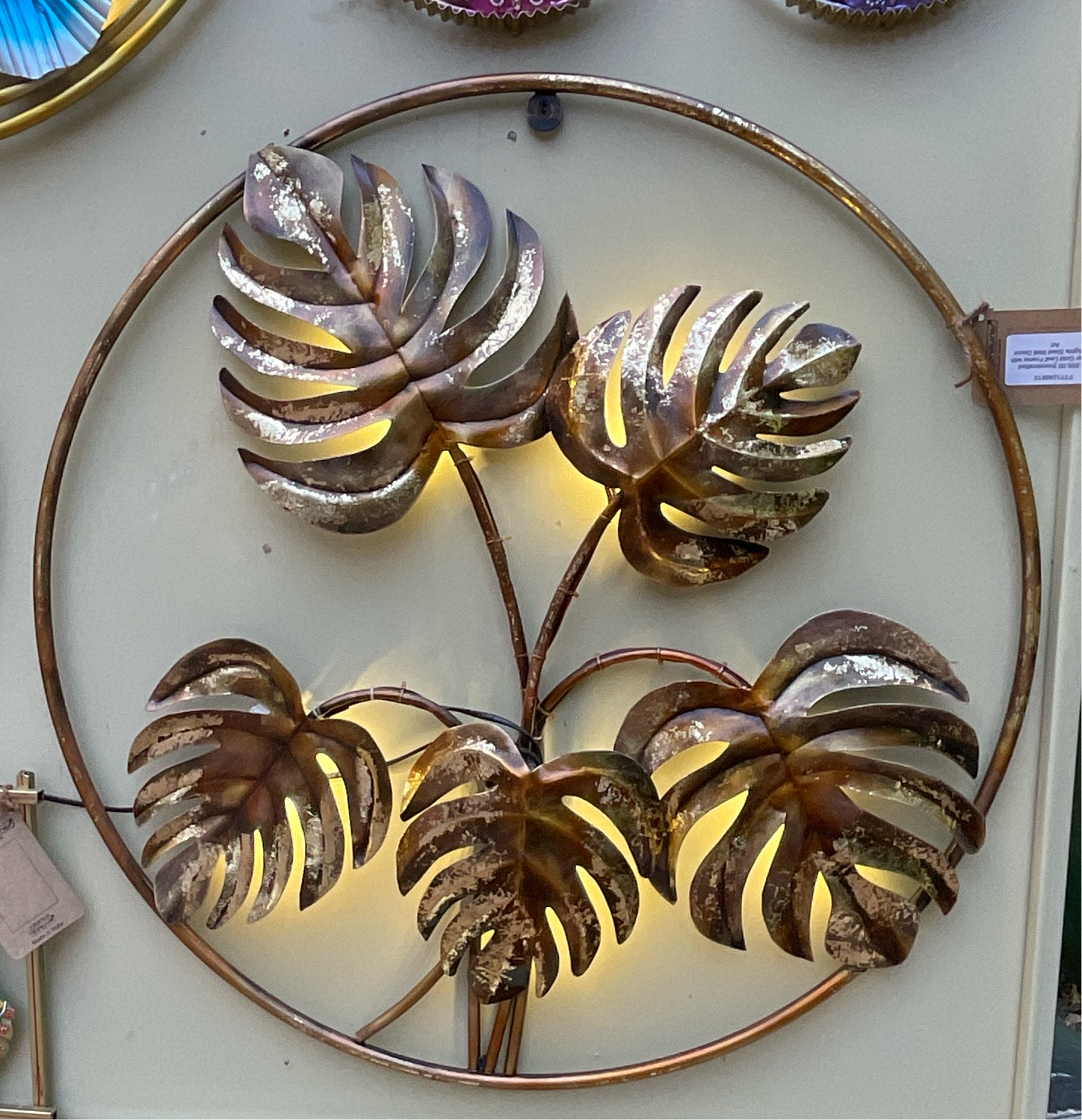 Handcrafted Circular Gold Leaf Frame Steel Wall Art Sculpture with LED Lights