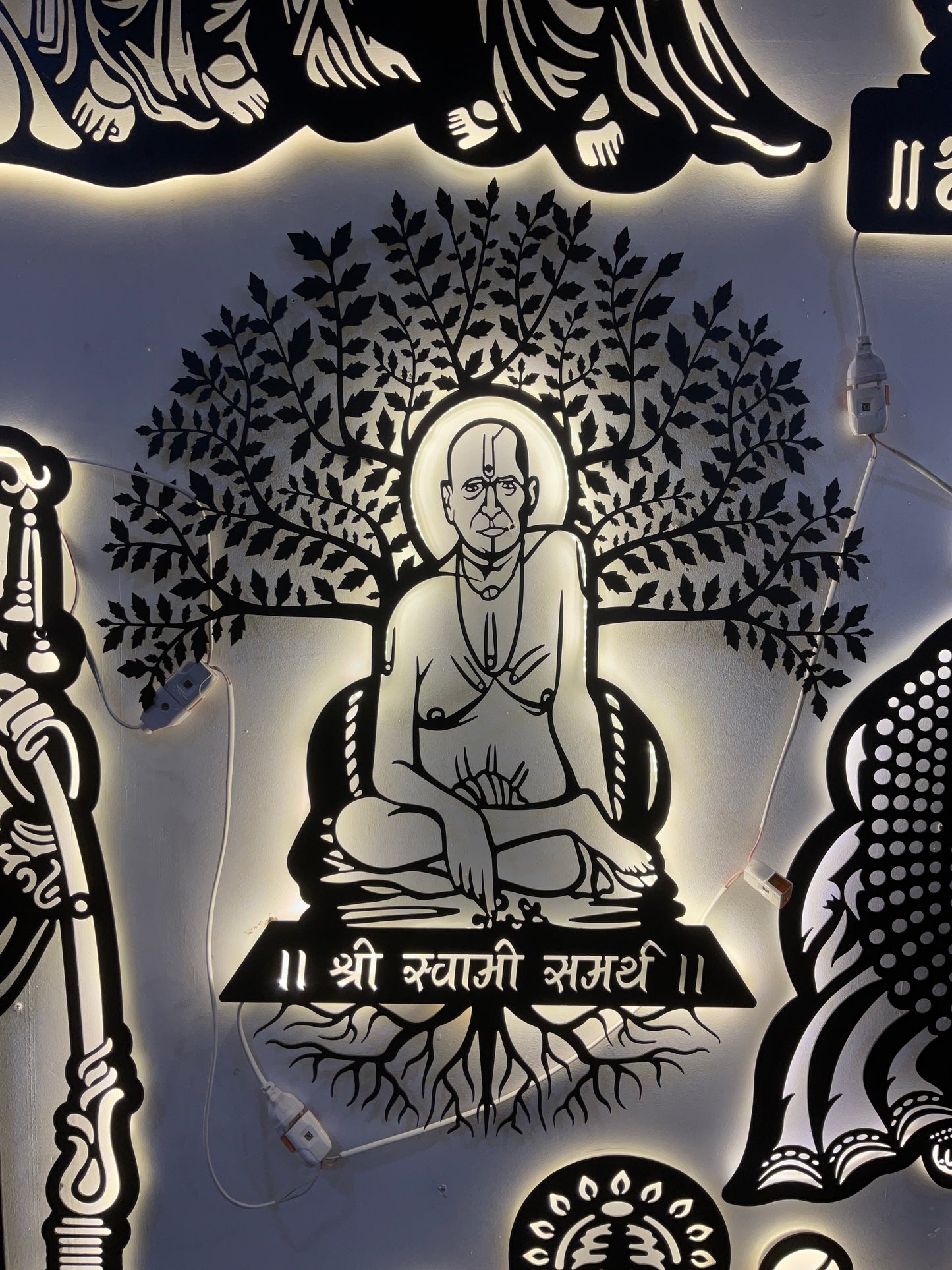 Swami Samarth CNC Steel Wall Art Sculpture in Black with LED Light