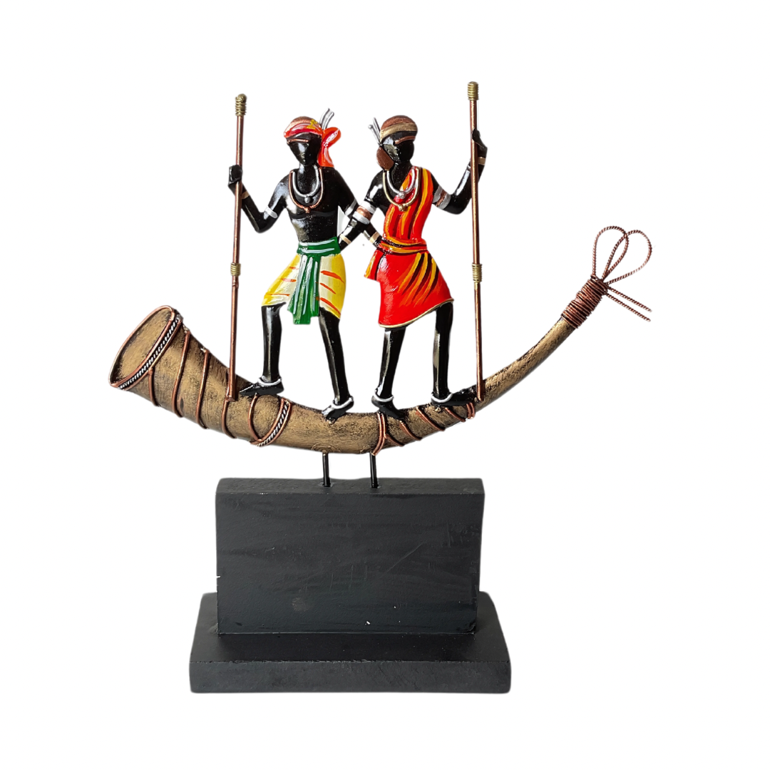 Handcrafted Adivasi Couple on Trumpet Steel Table Decor Sculpture