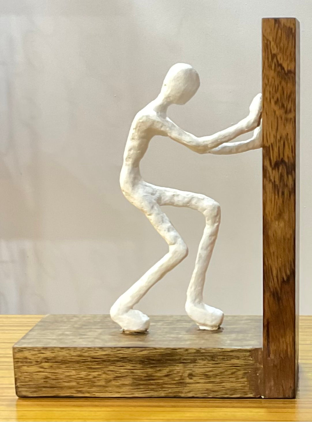 Handcrafted Wood Set of Men Pushing Frame Table Decor Sculpture