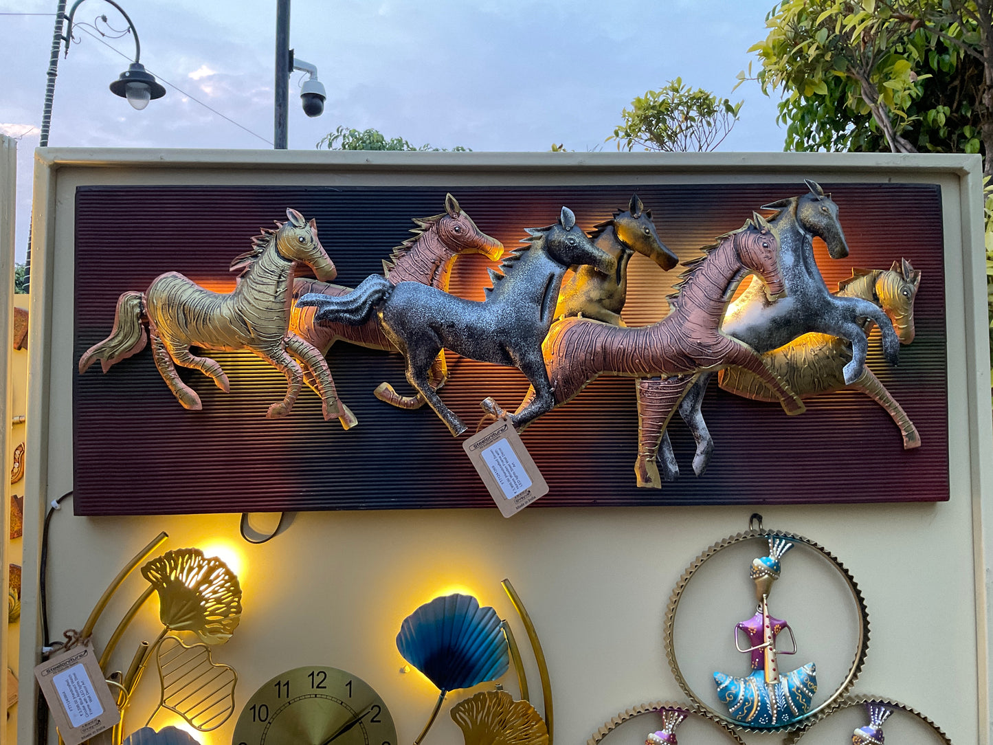 Handcrafted Seven Horses Frame Steel Wall Art Sculpture with LED Lights