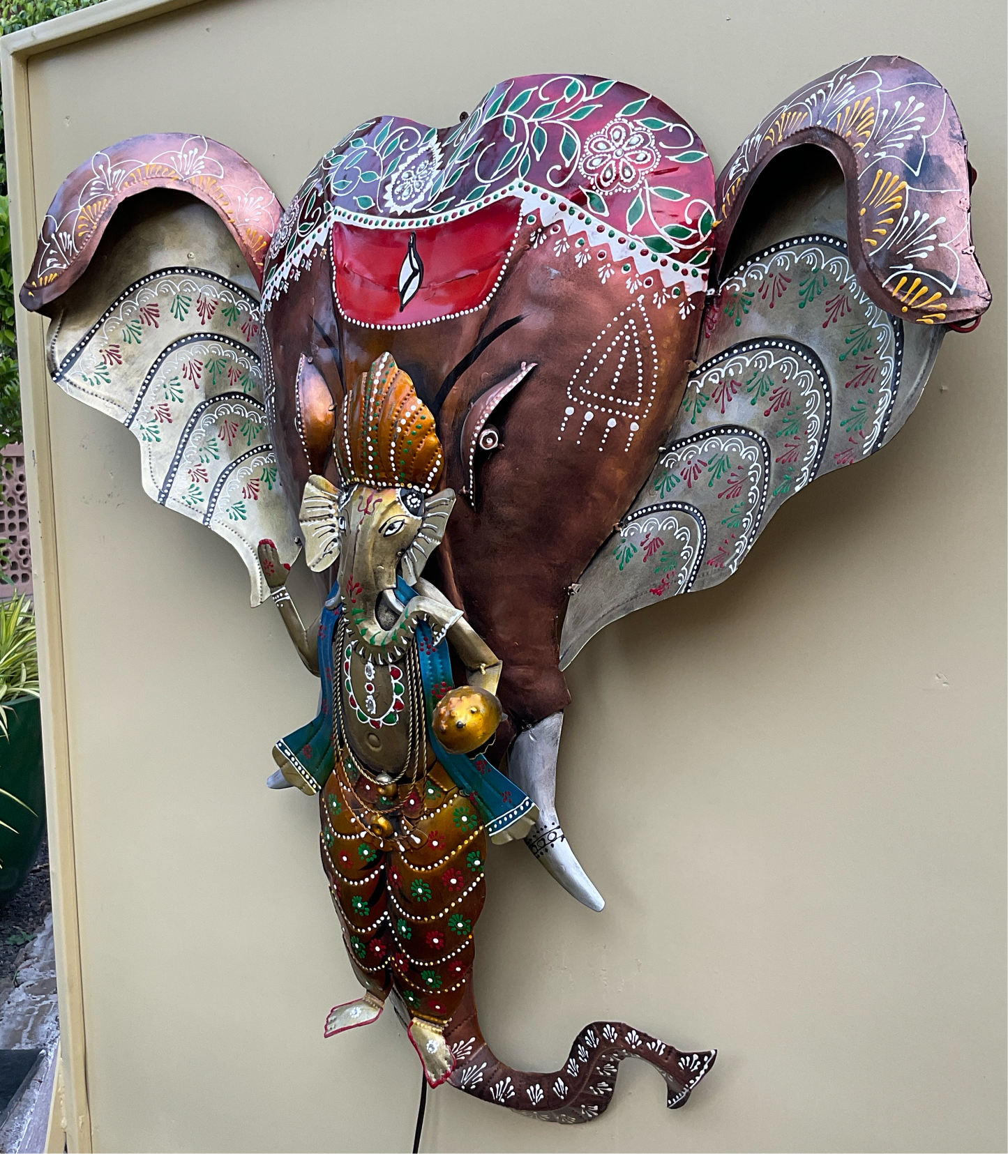 Handcrafted Ganesha Frame Steel Wall Art Sculpture with LED Lights