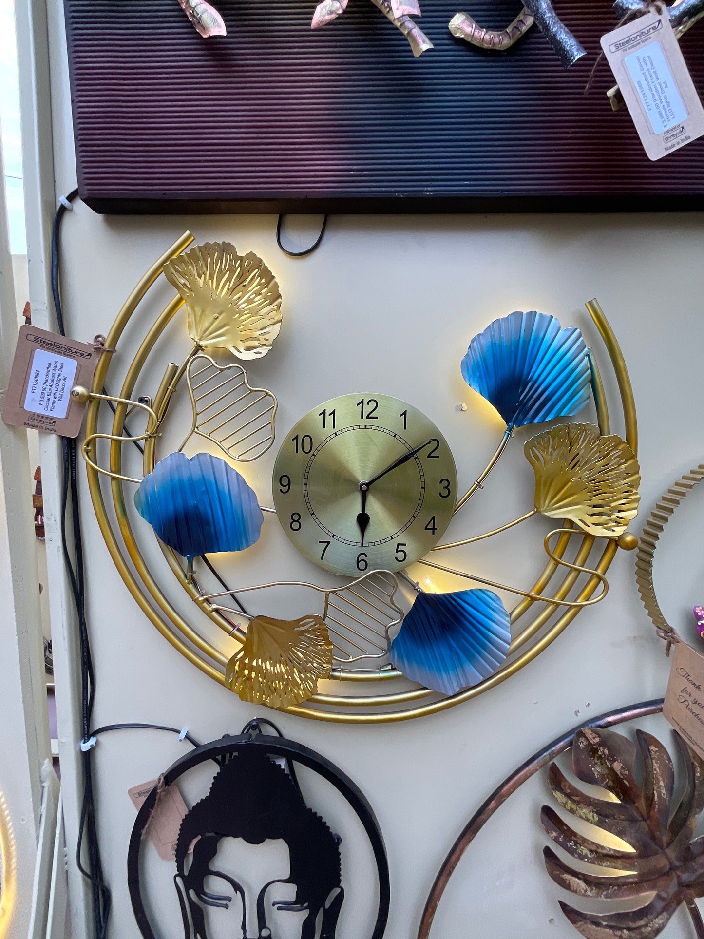 Handcrafted Circular Blue Abstract Watch Frame Steel Wall Art Sculpture with LED Lights