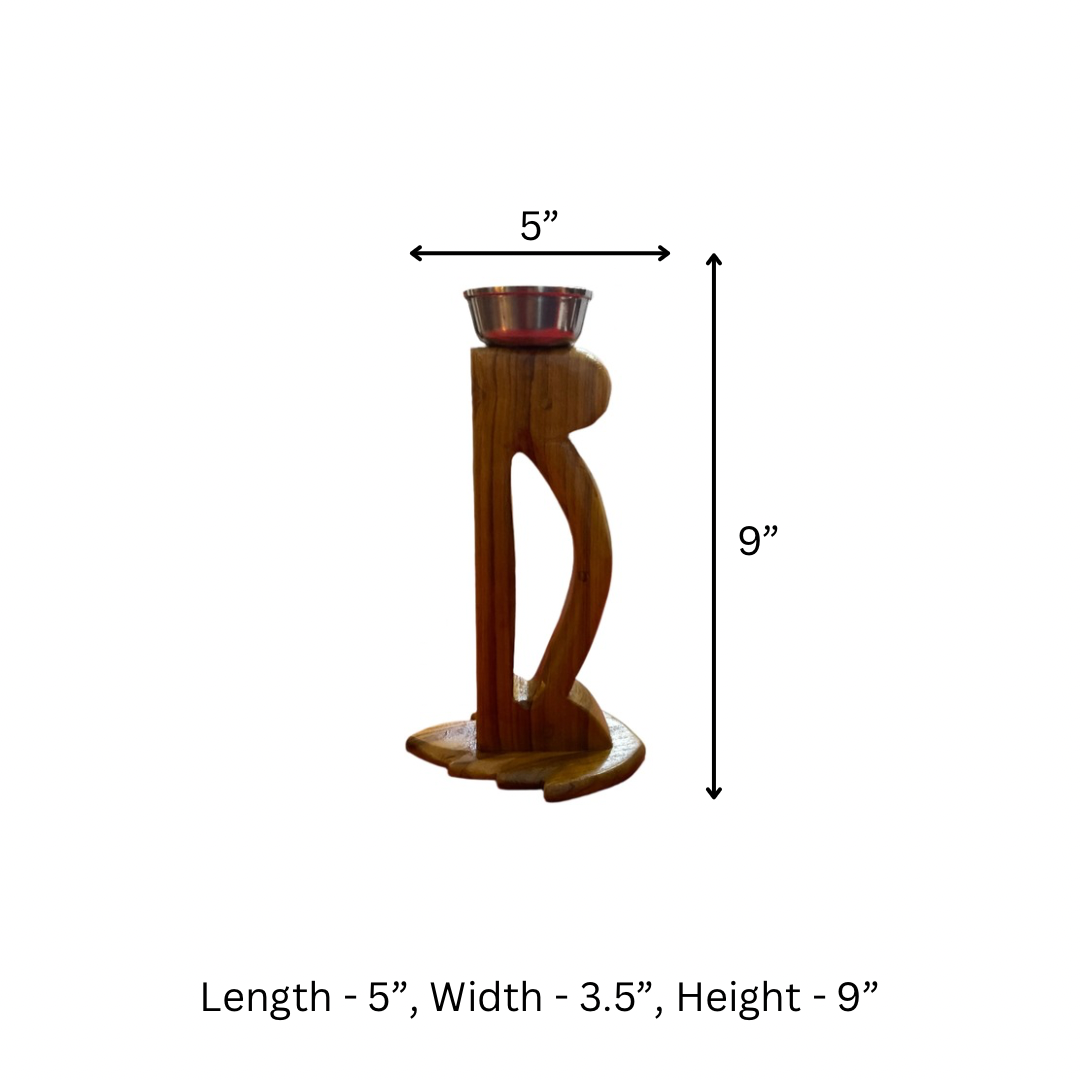 Handcrafted Teak Wood Candle Stand With Steel Bowl
