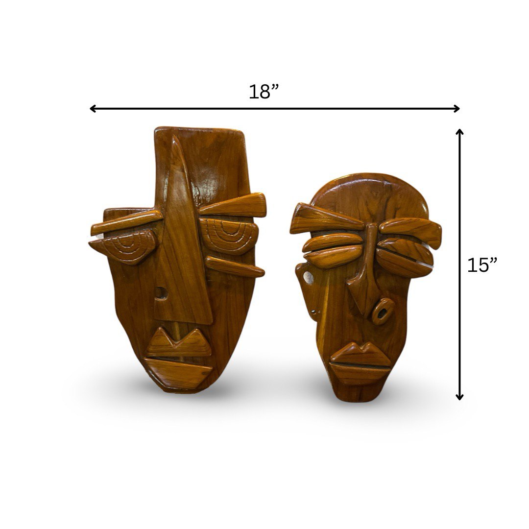 Handcrafted Teak Wood Tribal Couple Face Wall Art Sculpture