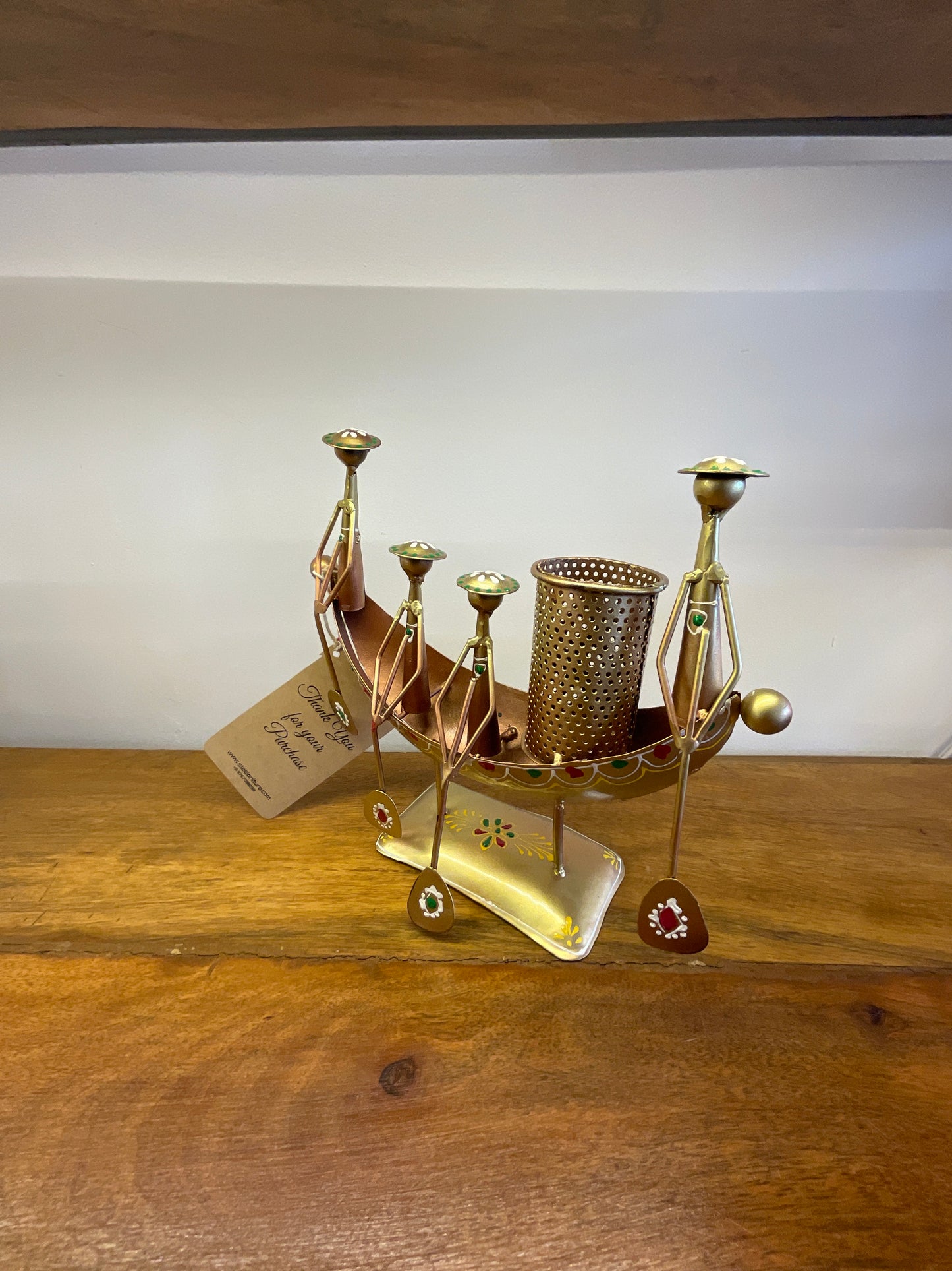 Handcrafted Ship Pen Stand with 04 Figures in Gold Color Steel Table Decor Sculpture