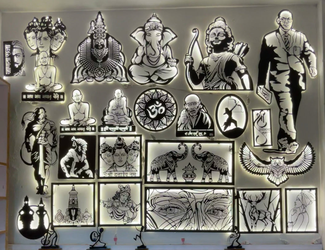 Gajanan Maharaj Steel Wall Art Sculpture in Black with LED Light