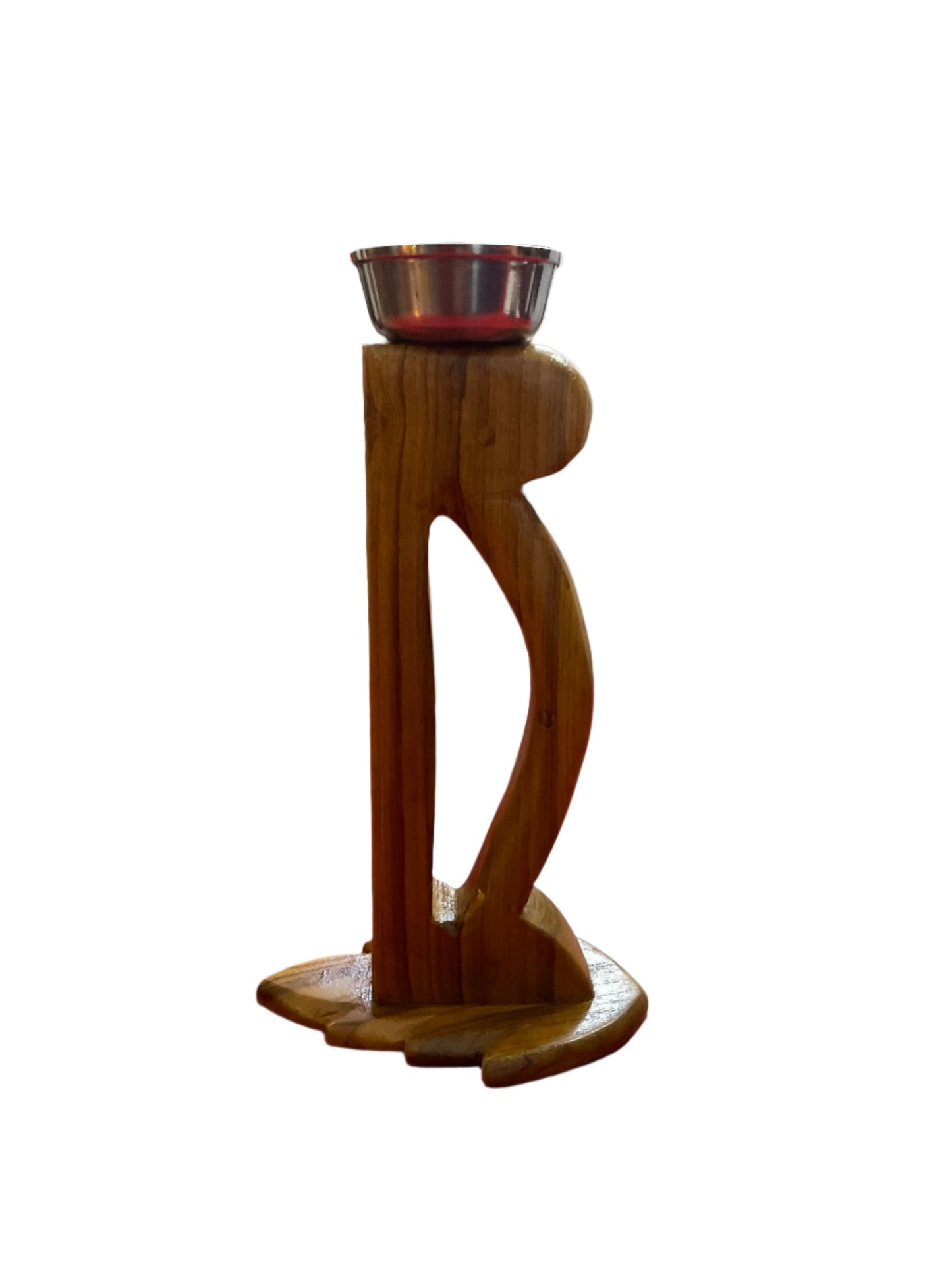 Handcrafted Teak Wood Candle Stand With Steel Bowl