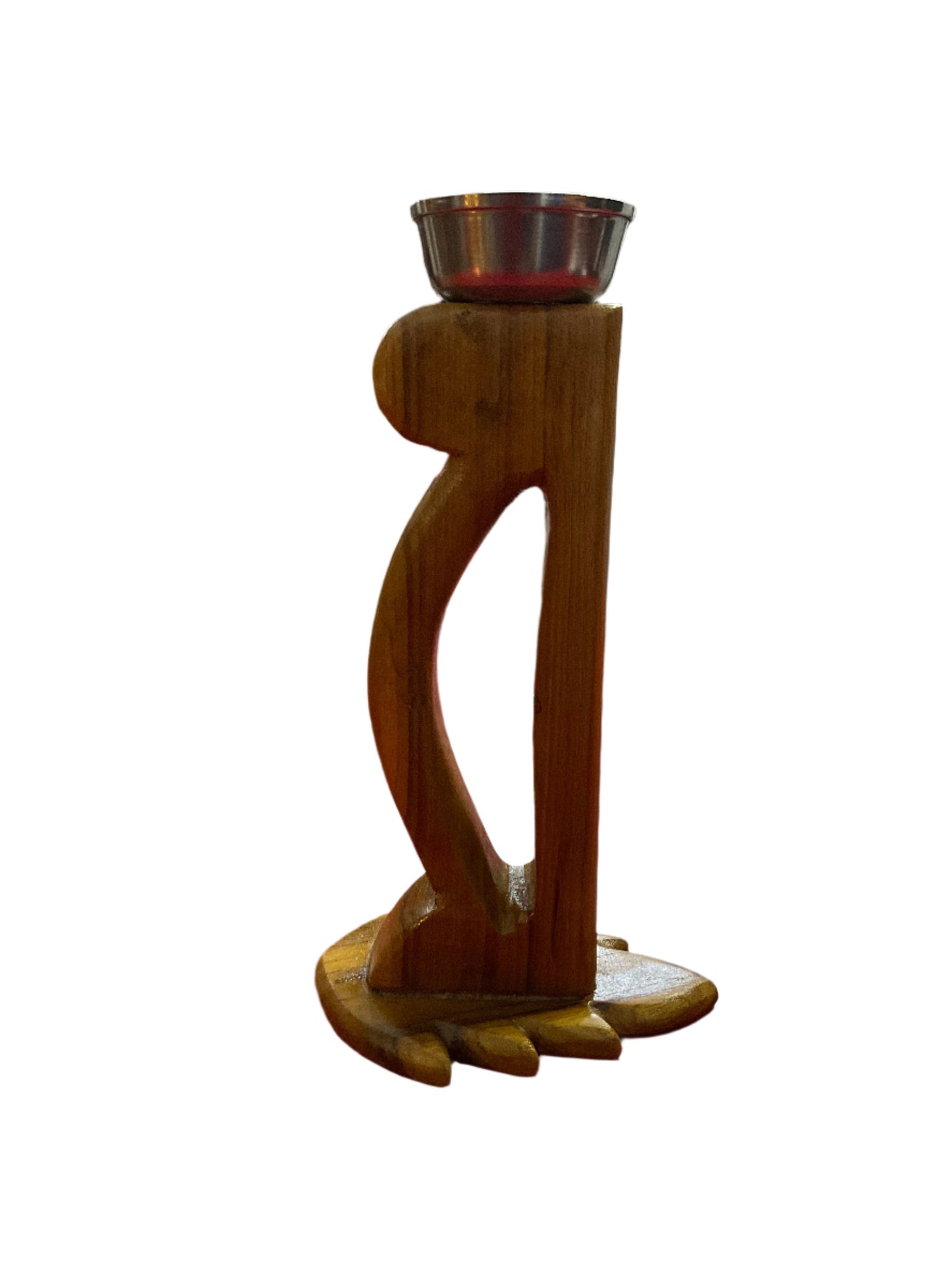 Handcrafted Teak Wood Candle Stand With Steel Bowl
