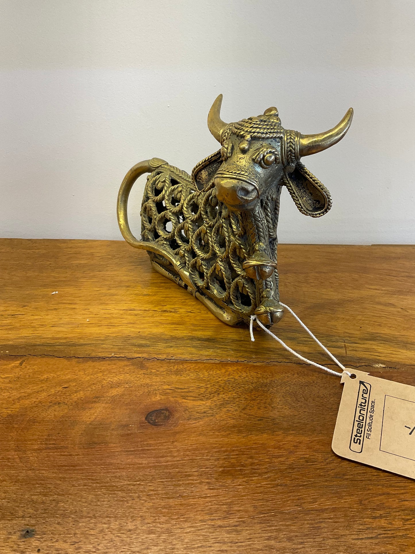 Handcrafted Brass Cow with Bells Table Decor Sculpture