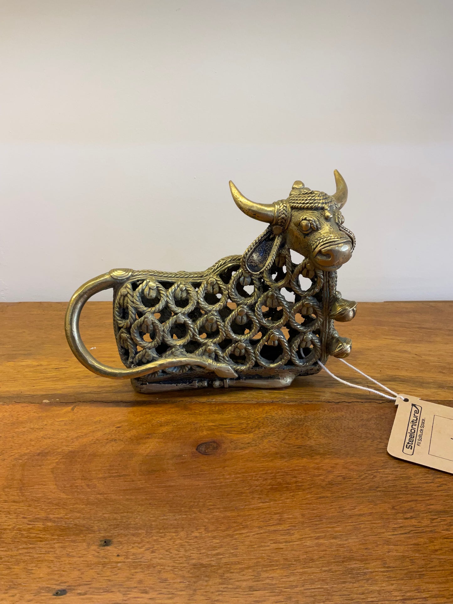 Handcrafted Brass Cow with Bells Table Decor Sculpture