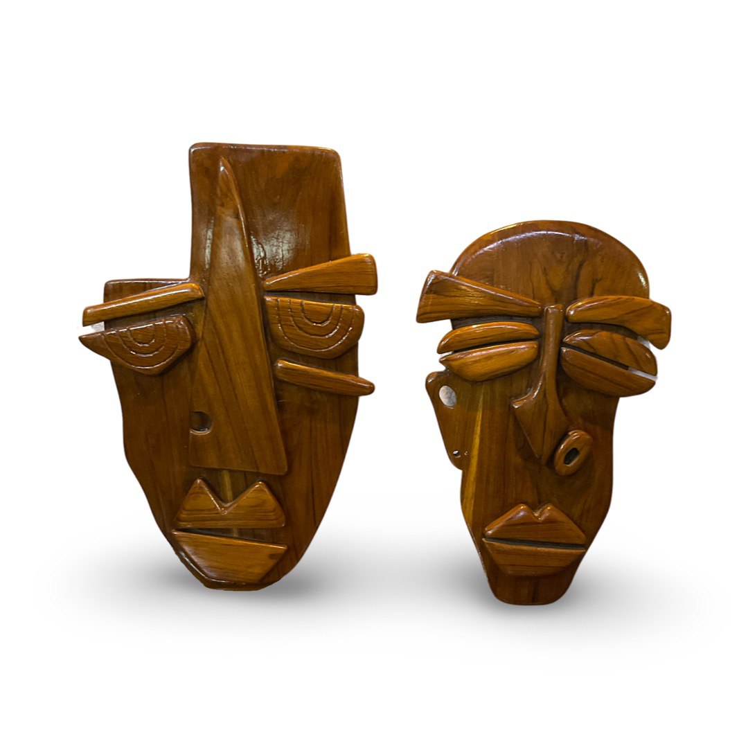 Handcrafted Teak Wood Tribal Couple Face Wall Art Sculpture