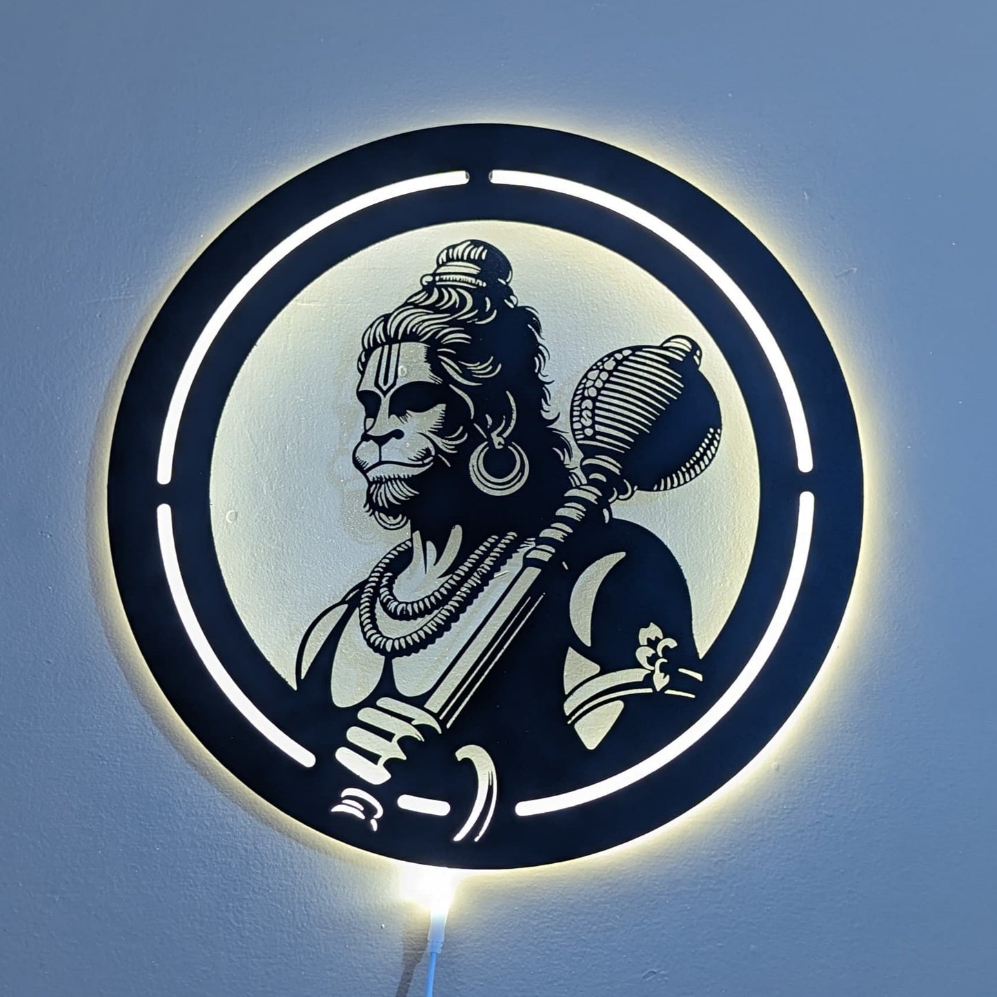 Jai Hanuman Steel Wall Art Sculpture in Black with LED Light