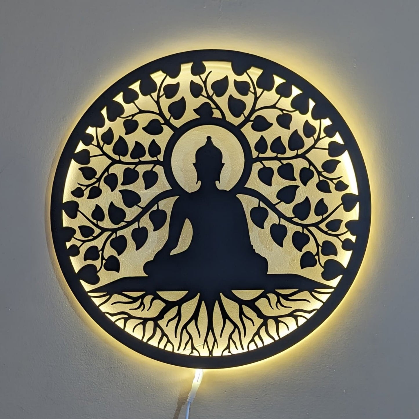Gautam Buddha and Bodhi Tree Steel Wall Art in Black with LED Light