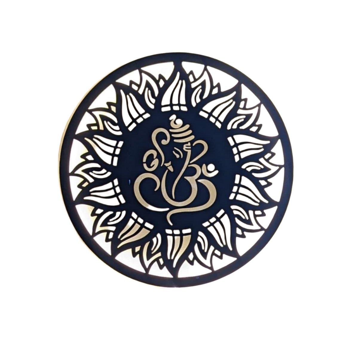 Ganesha Round Steel Wall Art Sculpture in Black with LED Light
