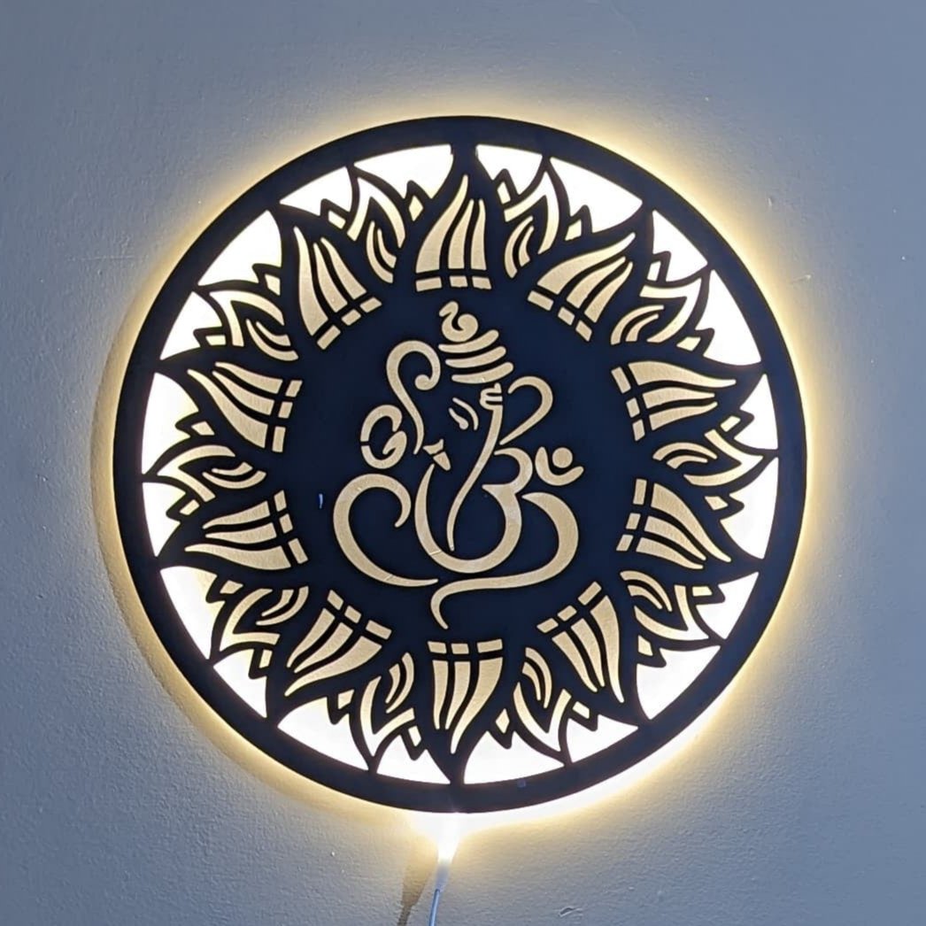 Ganesha Round Steel Wall Art Sculpture in Black with LED Light
