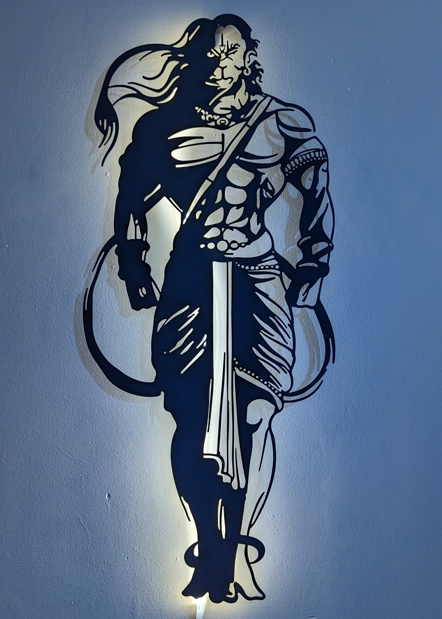 Hanuman Ji Standing Steel Wall Art Sculpture in Black with LED Light