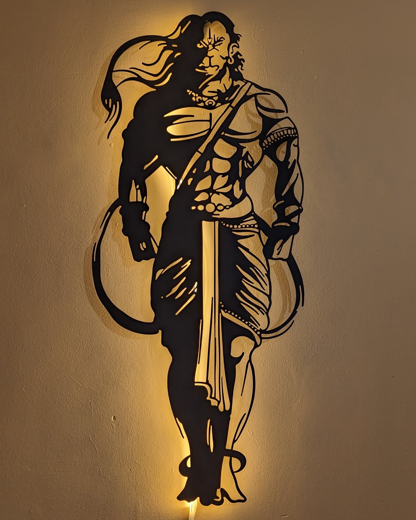 Hanuman Ji Standing Steel Wall Art Sculpture in Black with LED Light