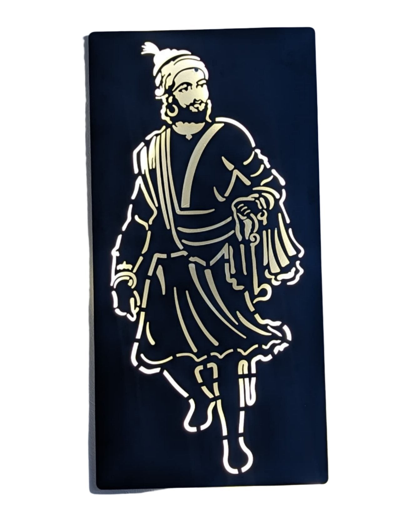 Shivaji Maharaj Standing Steel Wall Art Sculpture in Black with LED Light