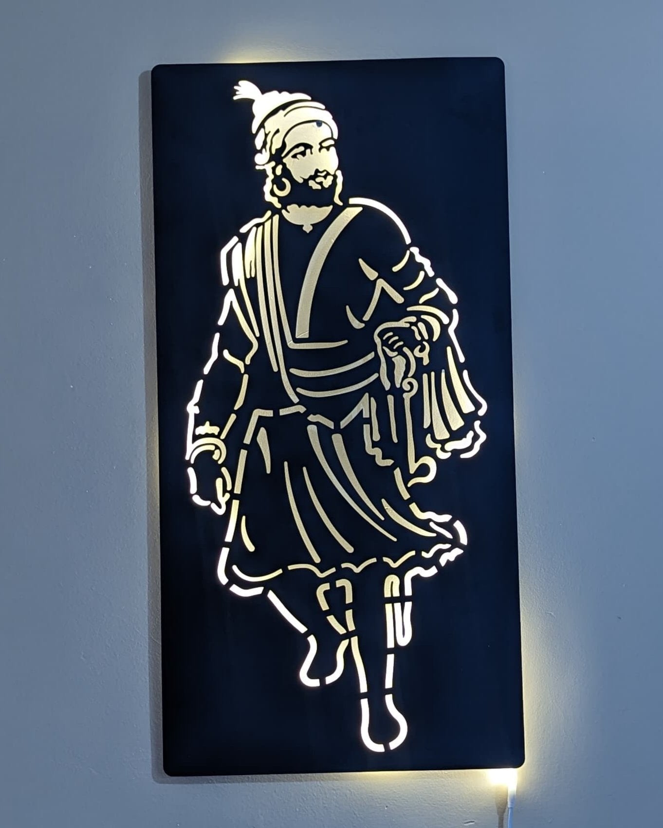 Shivaji Maharaj Standing Steel Wall Art Sculpture in Black with LED Light