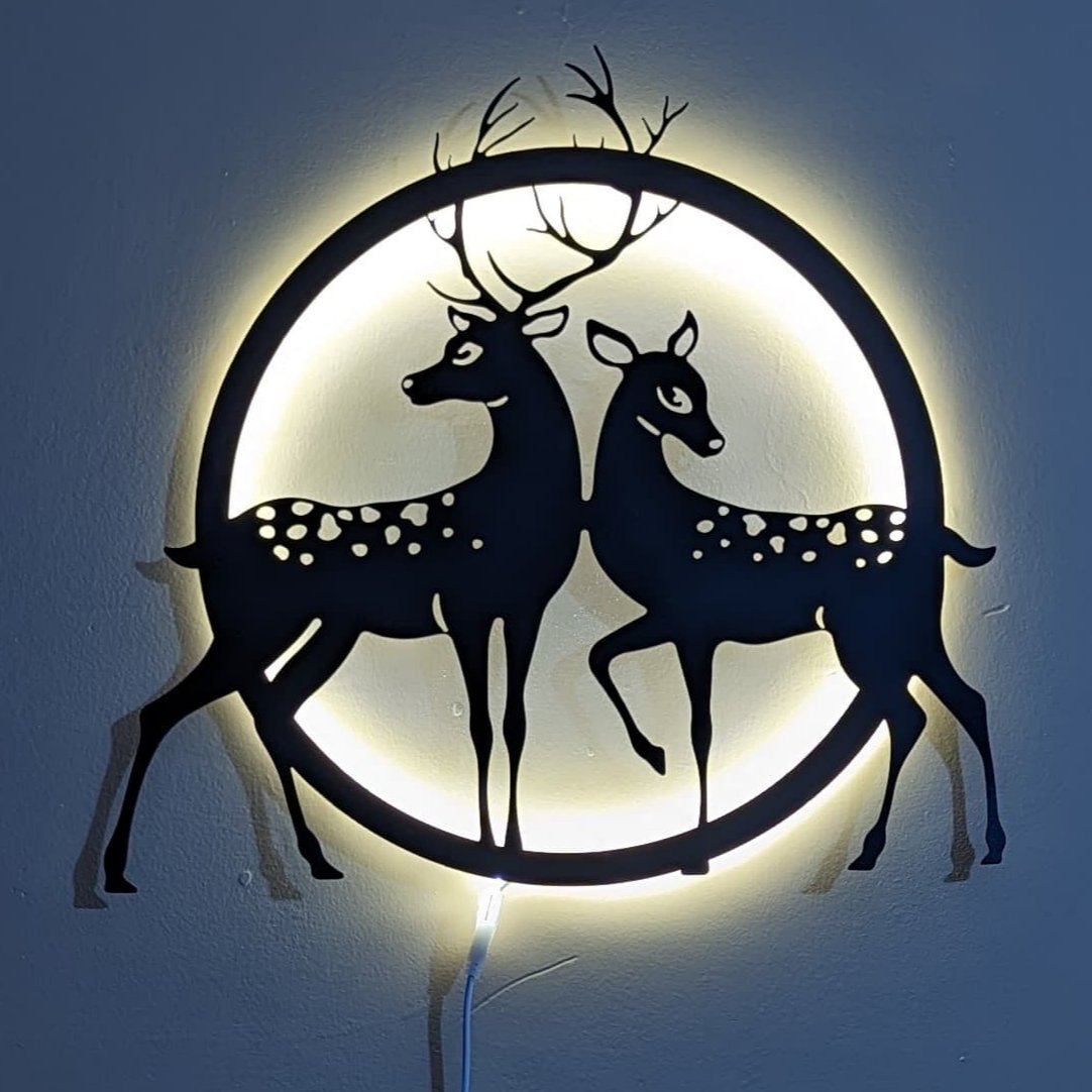 Couple of Deer Steel Wall Art Sculpture in Black with LED Light