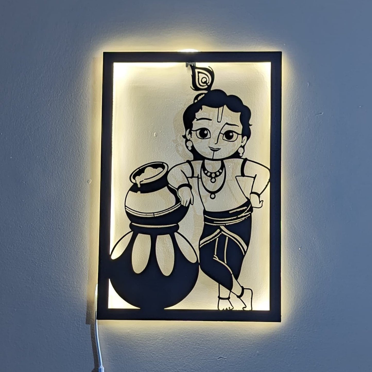 Little Krishna Steel Wall Art Sculpture in Black with LED Light