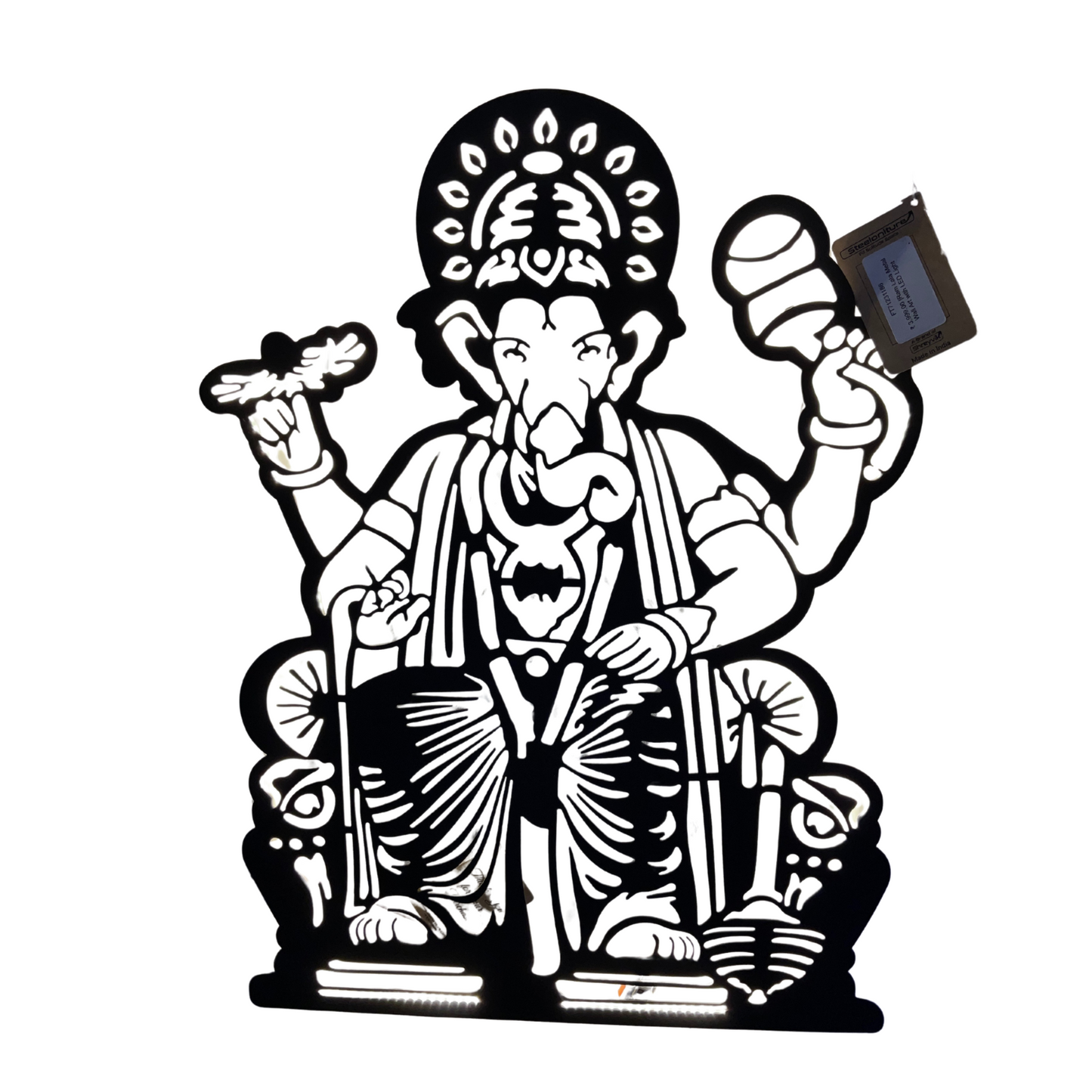 Ganesha CNC Steel Wall Art Sculpture in Black with LED Light
