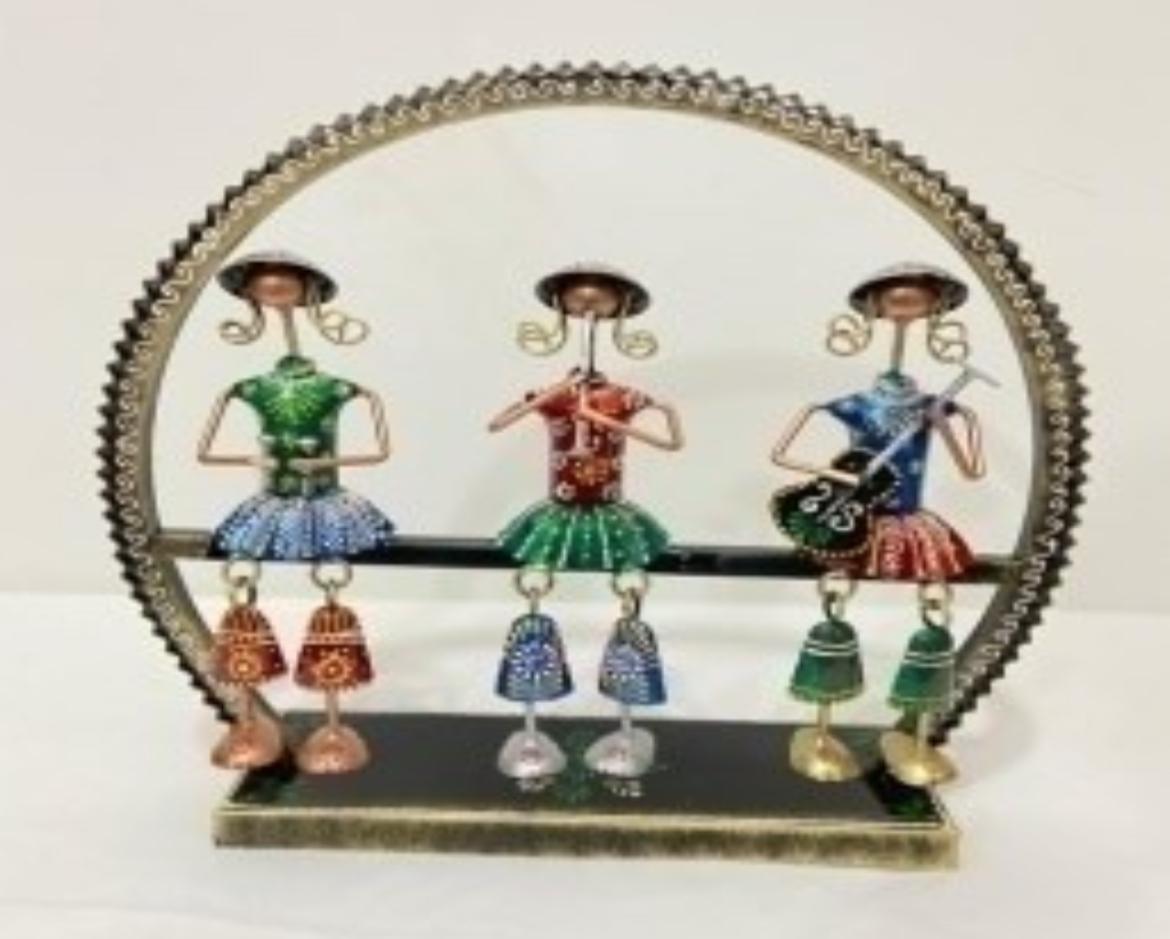 Set Of 03 Sitting Lady Musician in Circular Frame Handcrafted Steel Table Decor Sculpture