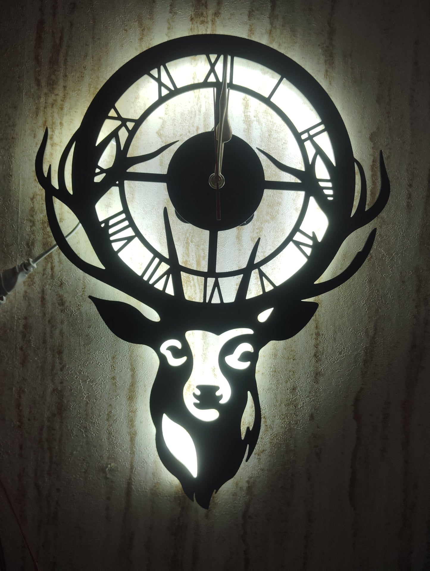 Deer Head Roman Numeral CNC Steel Wall Clock With LED Light