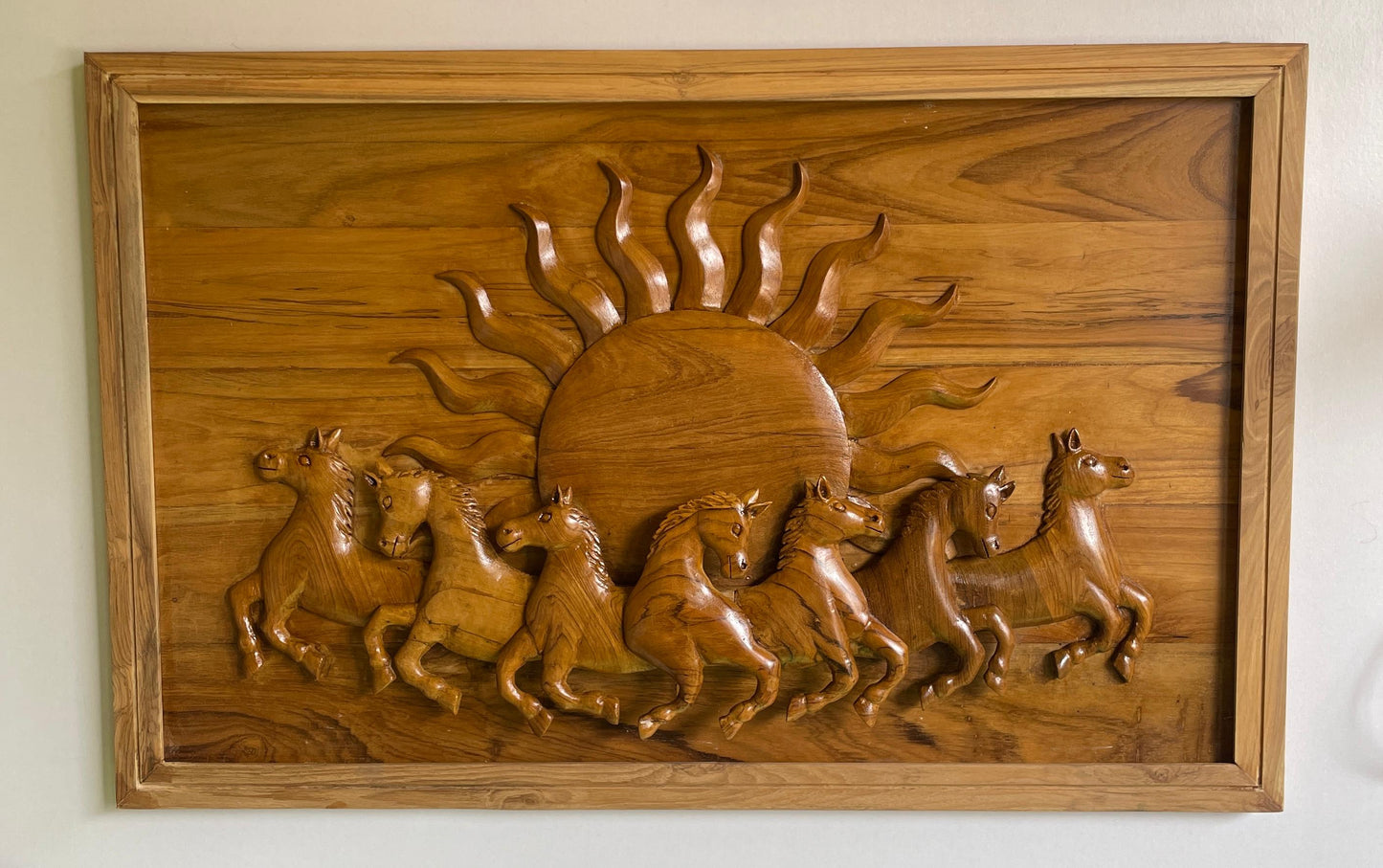 Seven Horses with Rising Sun Hndcrafted Teak Wood Wall Art Sculpture