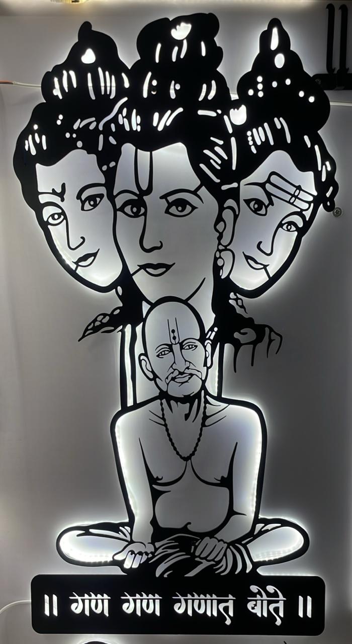 Datta Gajanan Maharaj CNC Steel Wall Art Sculpture in Black with LED Light