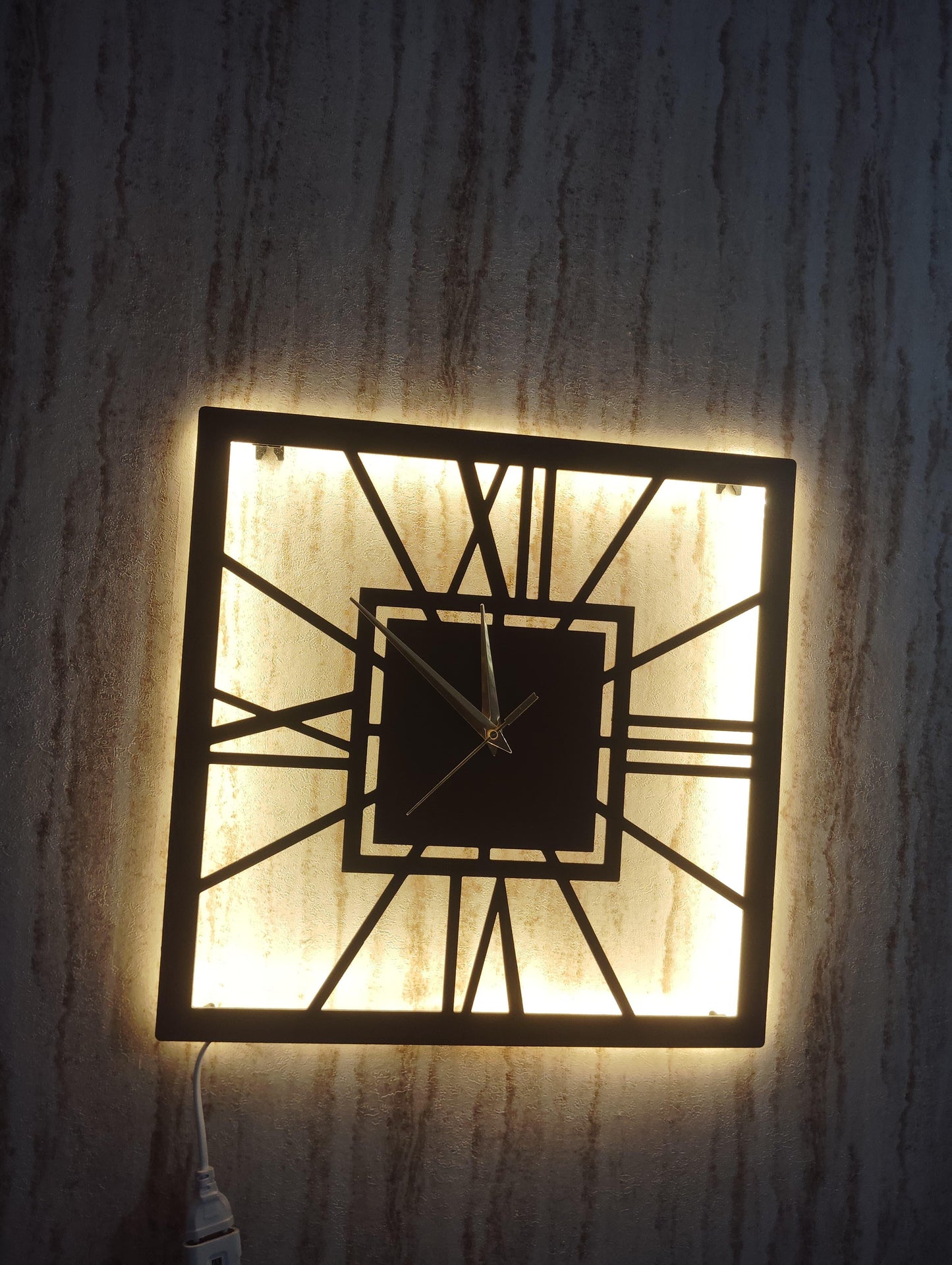 Square Roman Numeral CNC Steel Wall Clock With LED Light