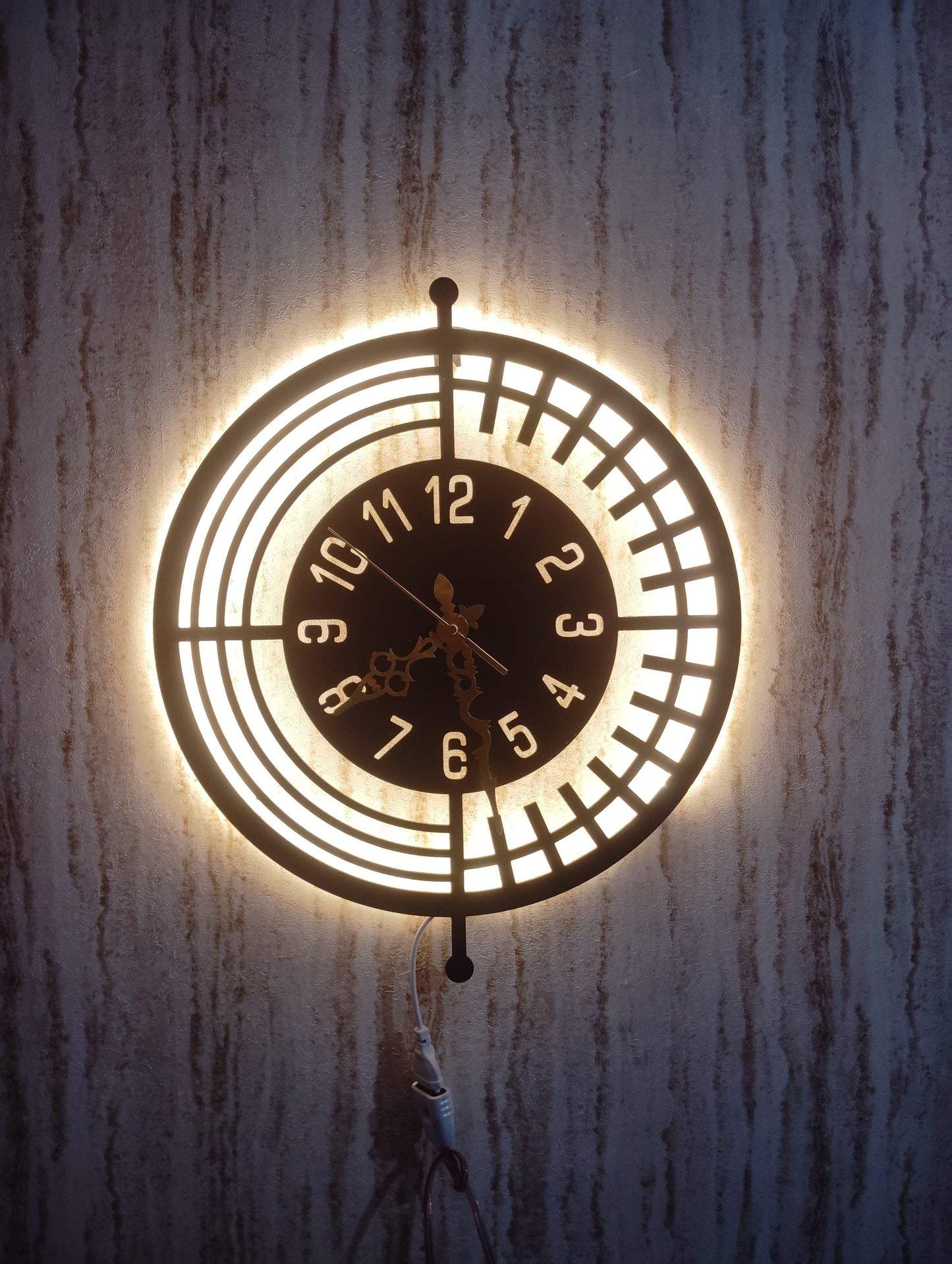 Round Geometric CNC Steel Wall Clock With LED Light