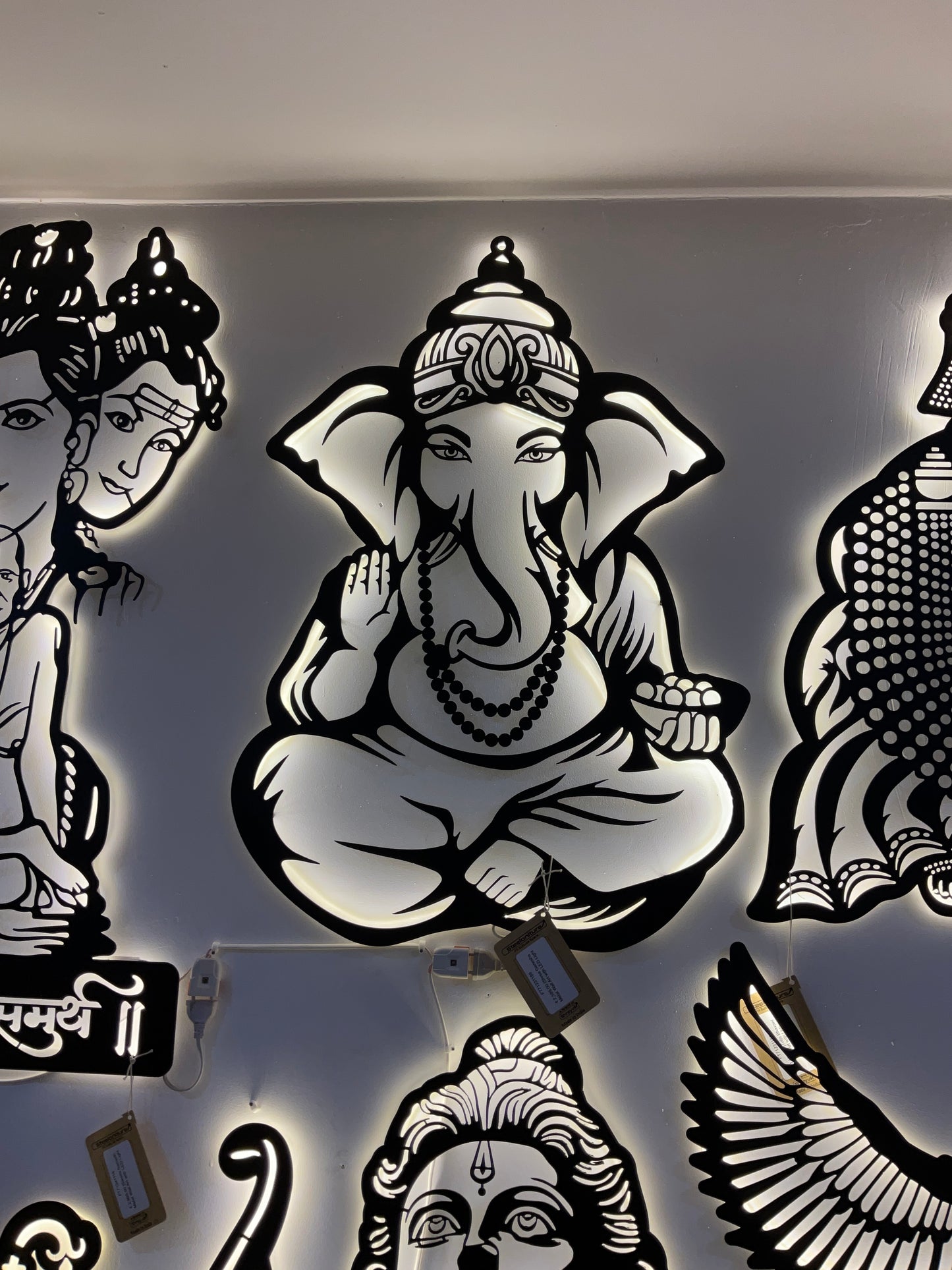 Shree Ganesha Big CNC Steel Wall Art Sculpture in Black with LED Light