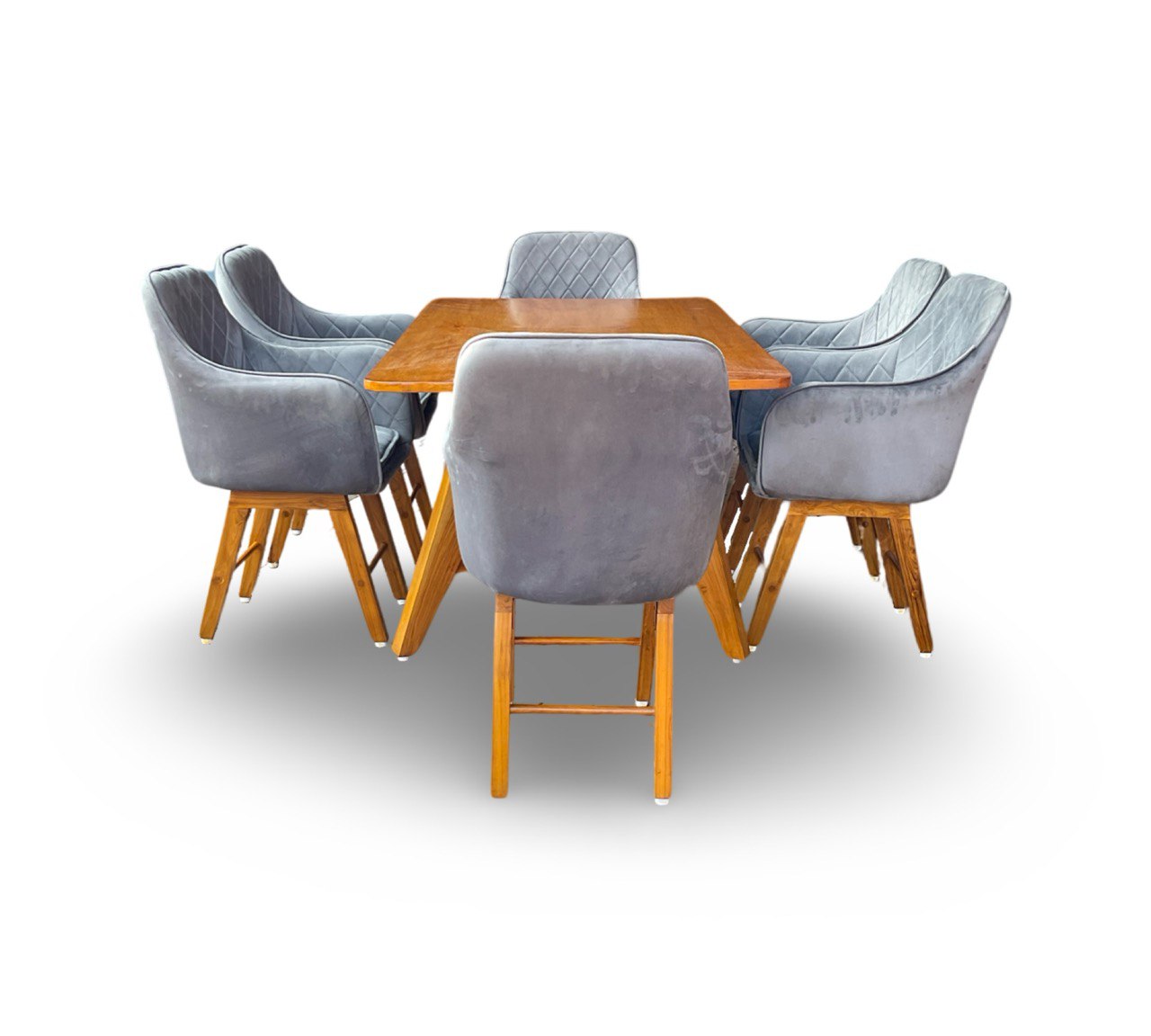 Teak Wood Dinning Table Set with 06 Grey Velvet Arm Chairs