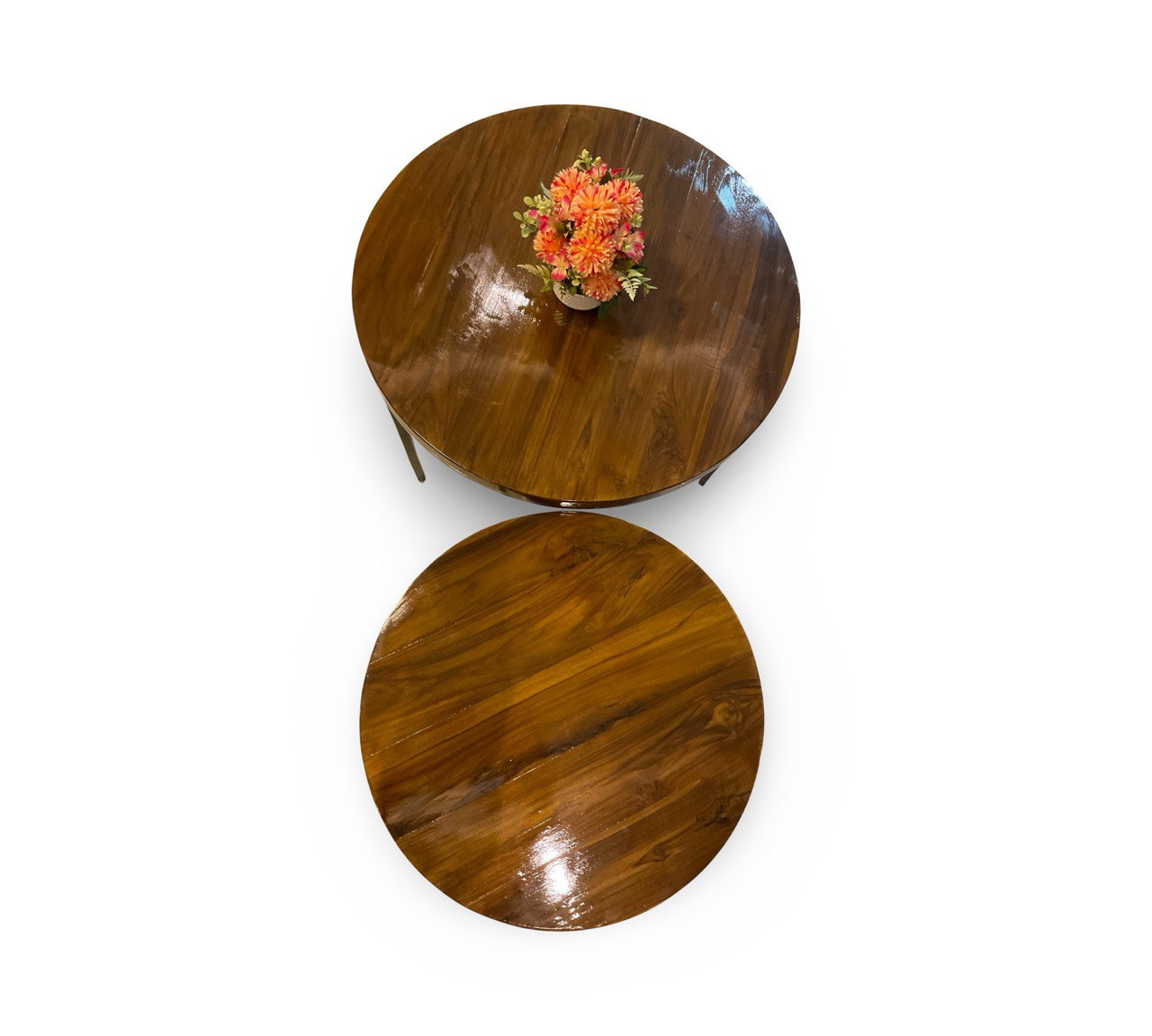 Set of Circular Coffee Tables with Teak Wood Top