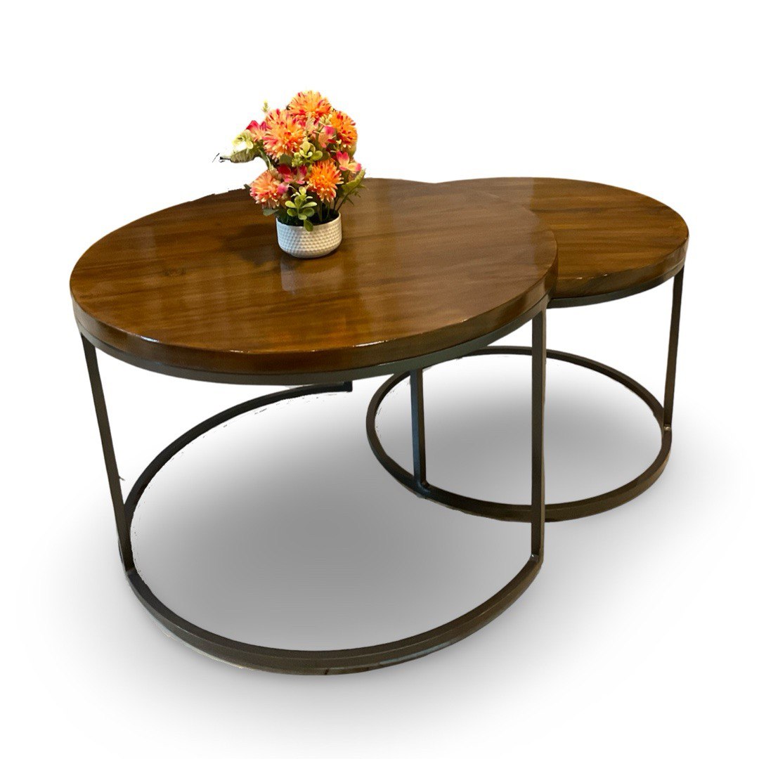 Set of Circular Coffee Tables with Teak Wood Top