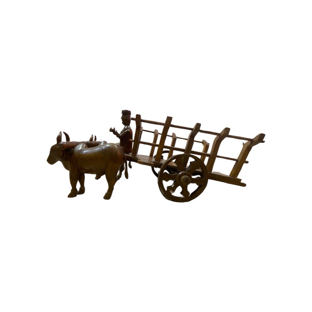 Handcrafted Teak Wood Bullock Cart Sculpture