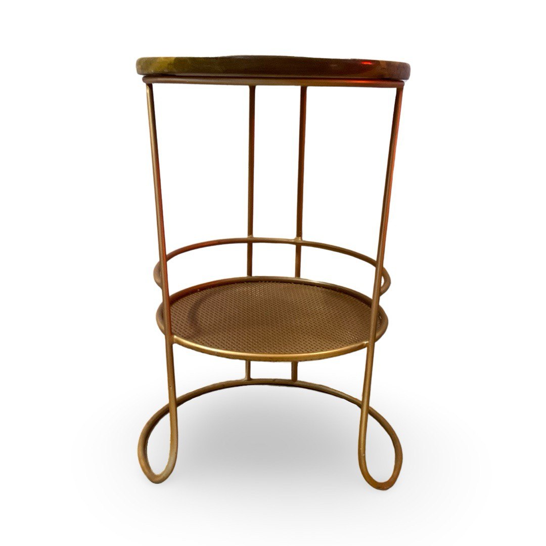 Side End Table with Teak Wood Top & Steel Mesh Compartment