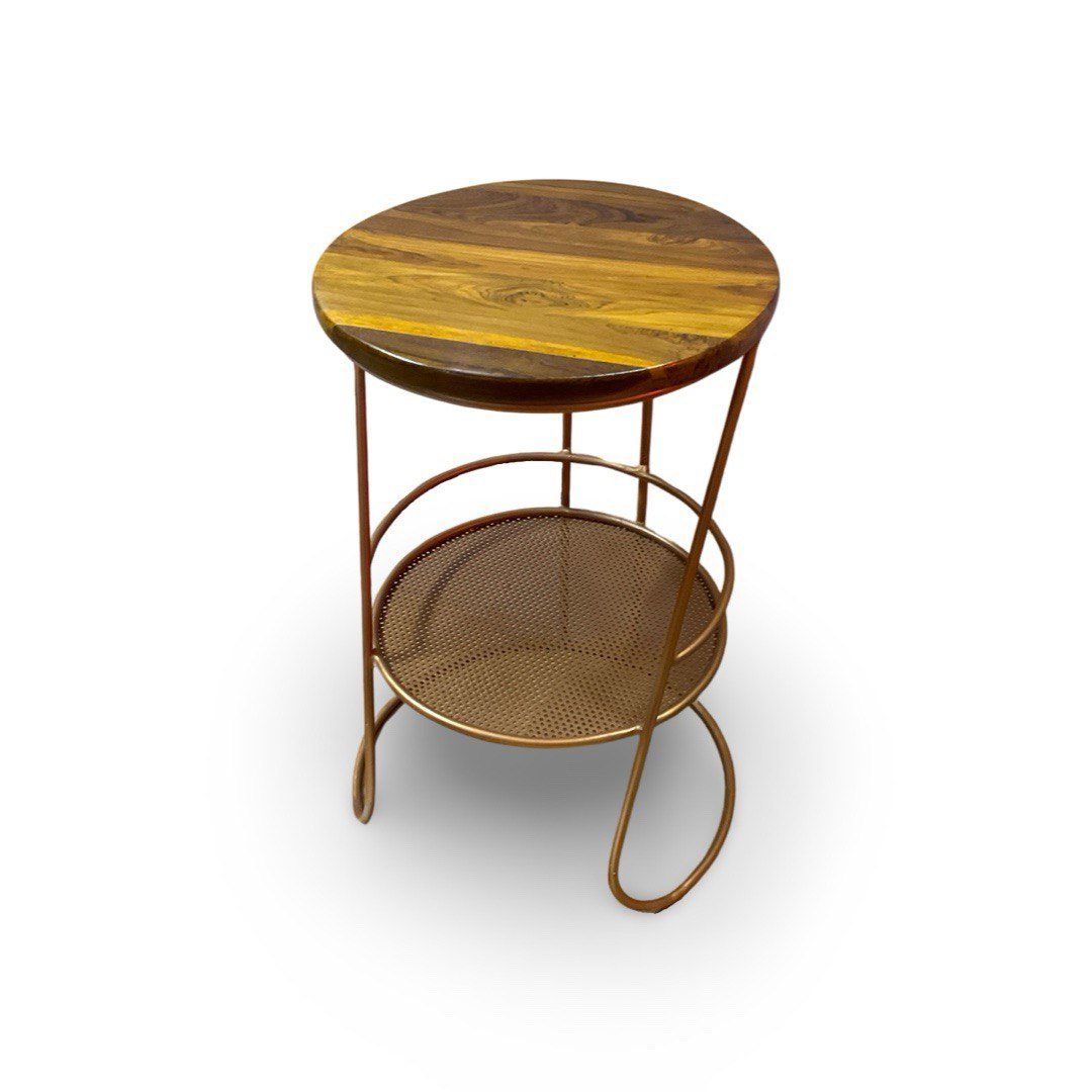 Side End Table with Teak Wood Top & Steel Mesh Compartment