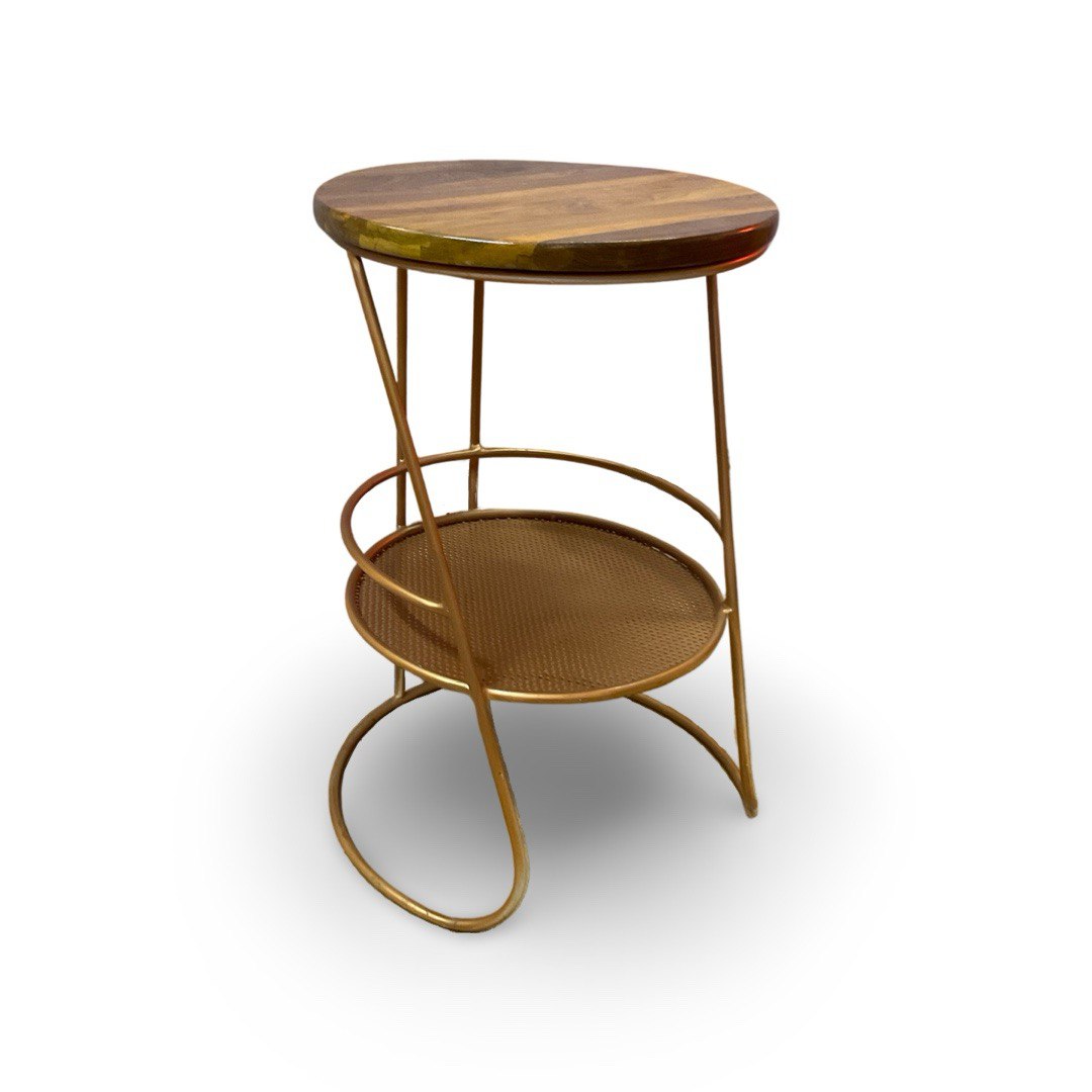 Side End Table with Teak Wood Top & Steel Mesh Compartment