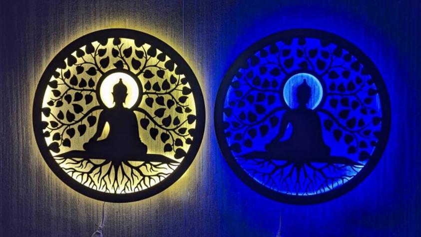 Gautam Buddha and Bodhi Tree Steel Wall Art in Black with LED Light