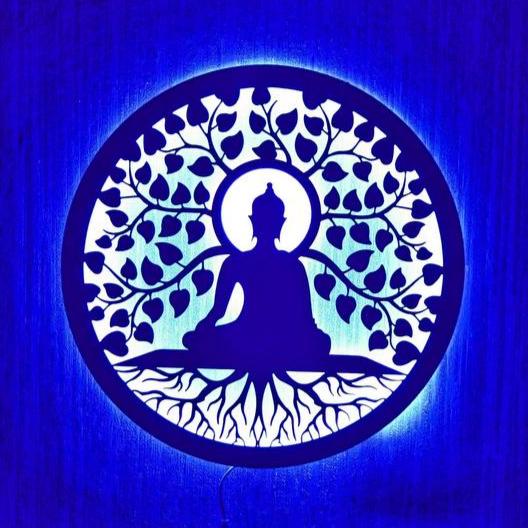 Gautam Buddha and Bodhi Tree Steel Wall Art in Black with LED Light