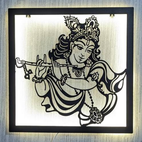 Shree Krishna Steel Wall Art Sculpture in Black with LED Light