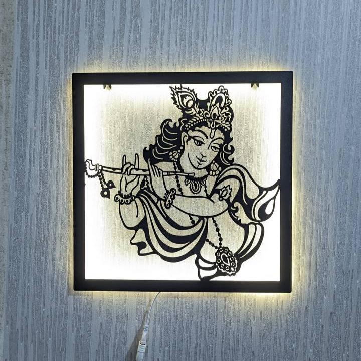 Shree Krishna Steel Wall Art Sculpture in Black with LED Light