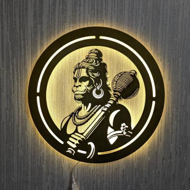 Jai Hanuman Steel Wall Art Sculpture in Black with LED Light