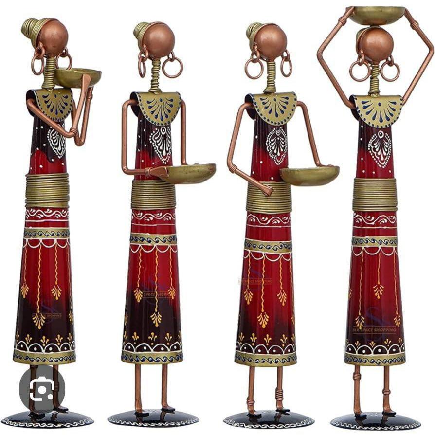 Set of 04 Lady Red Color Candle Stand Handcrafted Steel Table Decor Sculpture